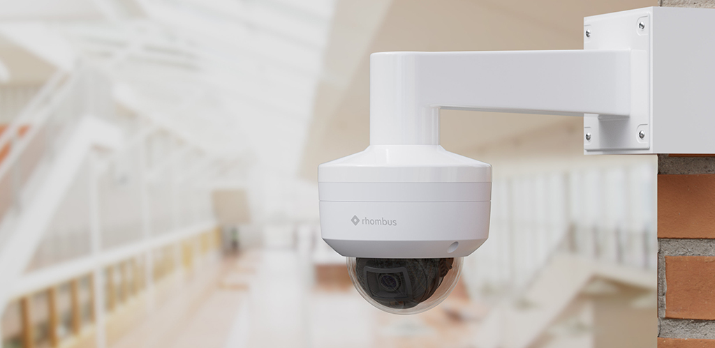 Rhombus security camera installed in a building for intrusions detection.