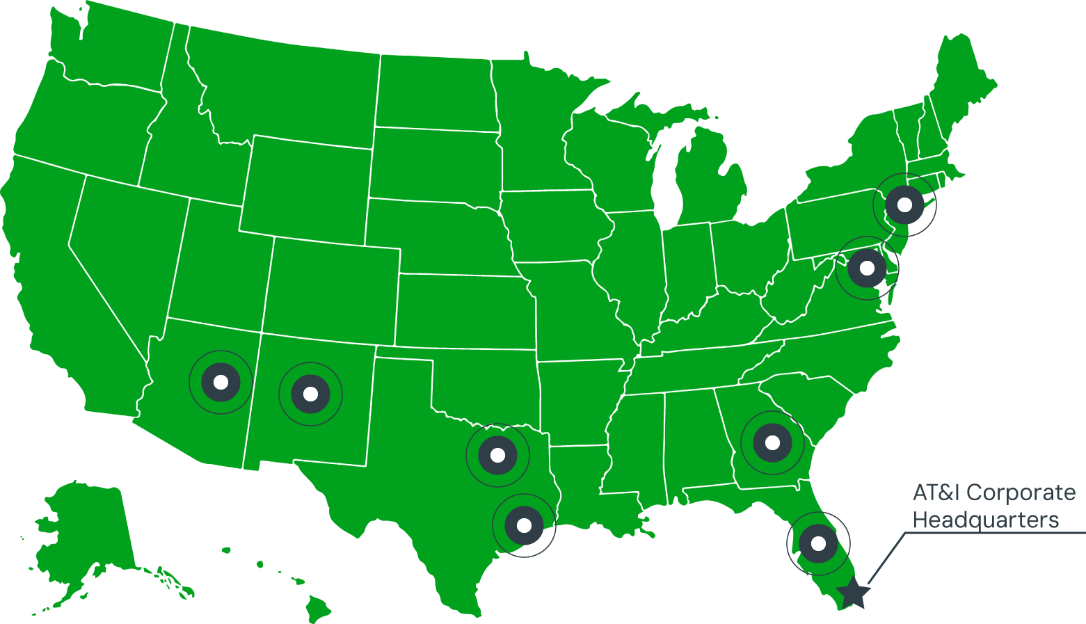 US map pinned with AT&I service area locations.