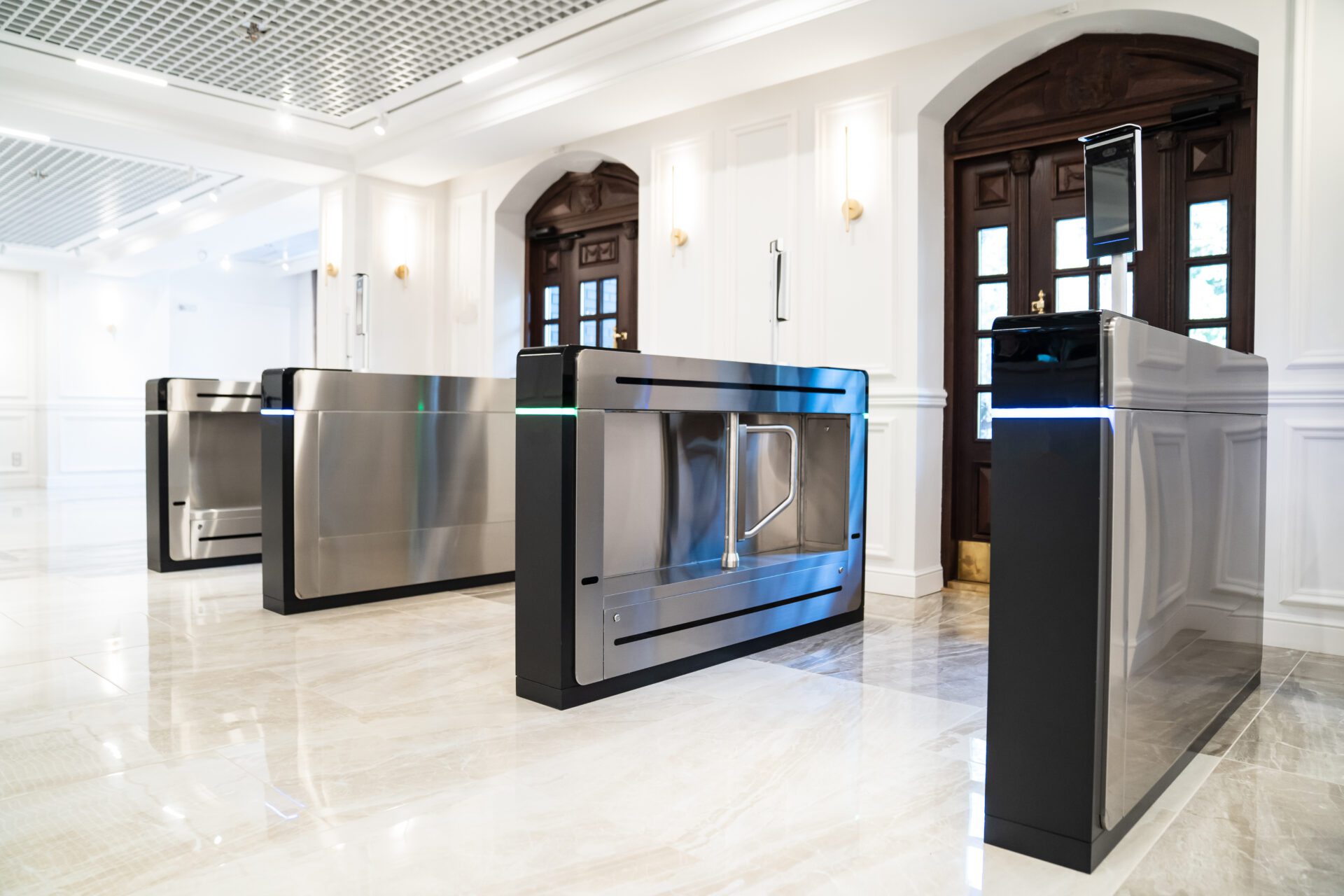 entrance and turnstile with face recognition and body temperature measurement.