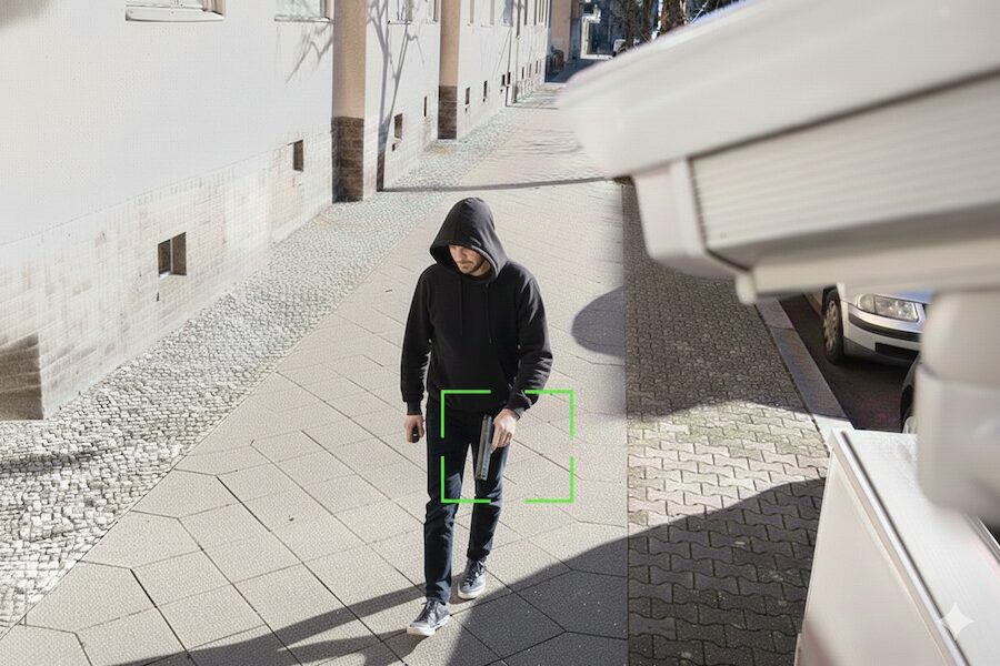 A surveillance camera view of a hooded individual walking down a sidewalk, with a detection box highlighting a firearm in the person’s hand.