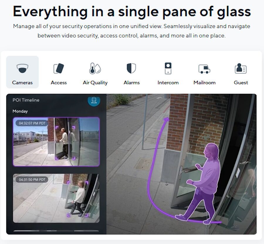 ATISYS_FebruaryImpactContent1_SecurityOperationStrategy_PHOTO Close-up of a mounted outdoor security camera attached to a metal pole, angled for surveillance against a clear blue sky.