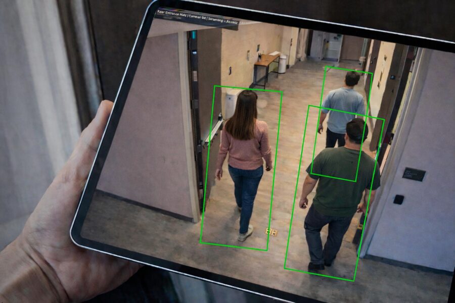 A person holds a tablet displaying a security camera feed with green tracking boxes around people walking in a hallway.