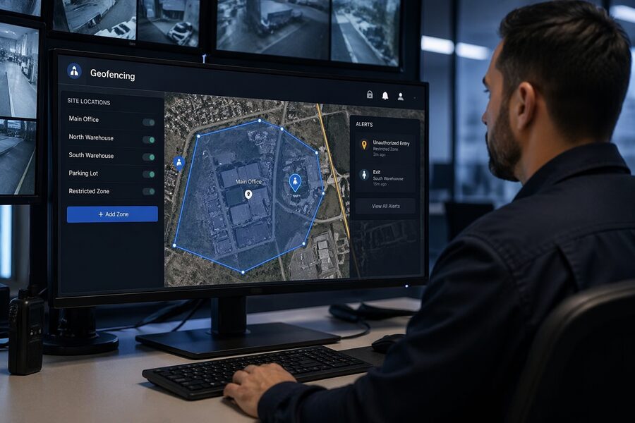 Man monitoring AI-powered geofencing system on multiple screens displaying a mapped property boundary with real-time security alerts and zone controls.