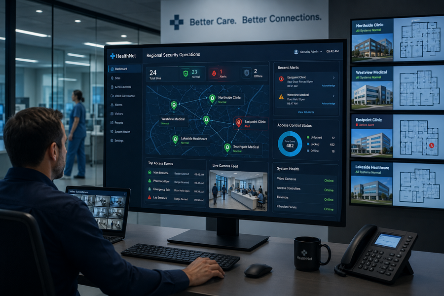 Healthcare security operations center with a manager monitoring a centralized dashboard showing multiple clinics, access control status, security alerts, and facility locations across a regional network.
