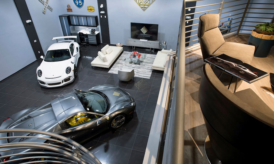 Car showroom floor with a balcony up above.