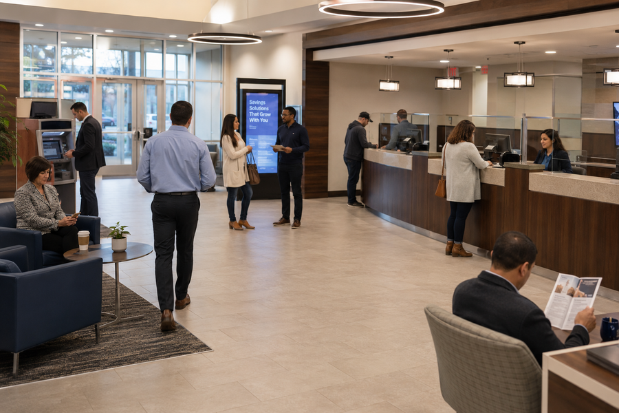 ATISYS_July_ImpactContent2_FinancialAISecurity_IMAGE (1) Modern bank interior with customers meeting tellers, using ATMs, and waiting in a bright, professional, unbranded branch lobby.